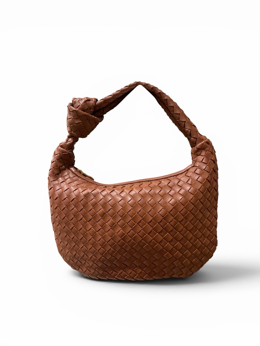 Italian Handwoven Leather Mini Knot-Handle Shoulder Bag in Cognac